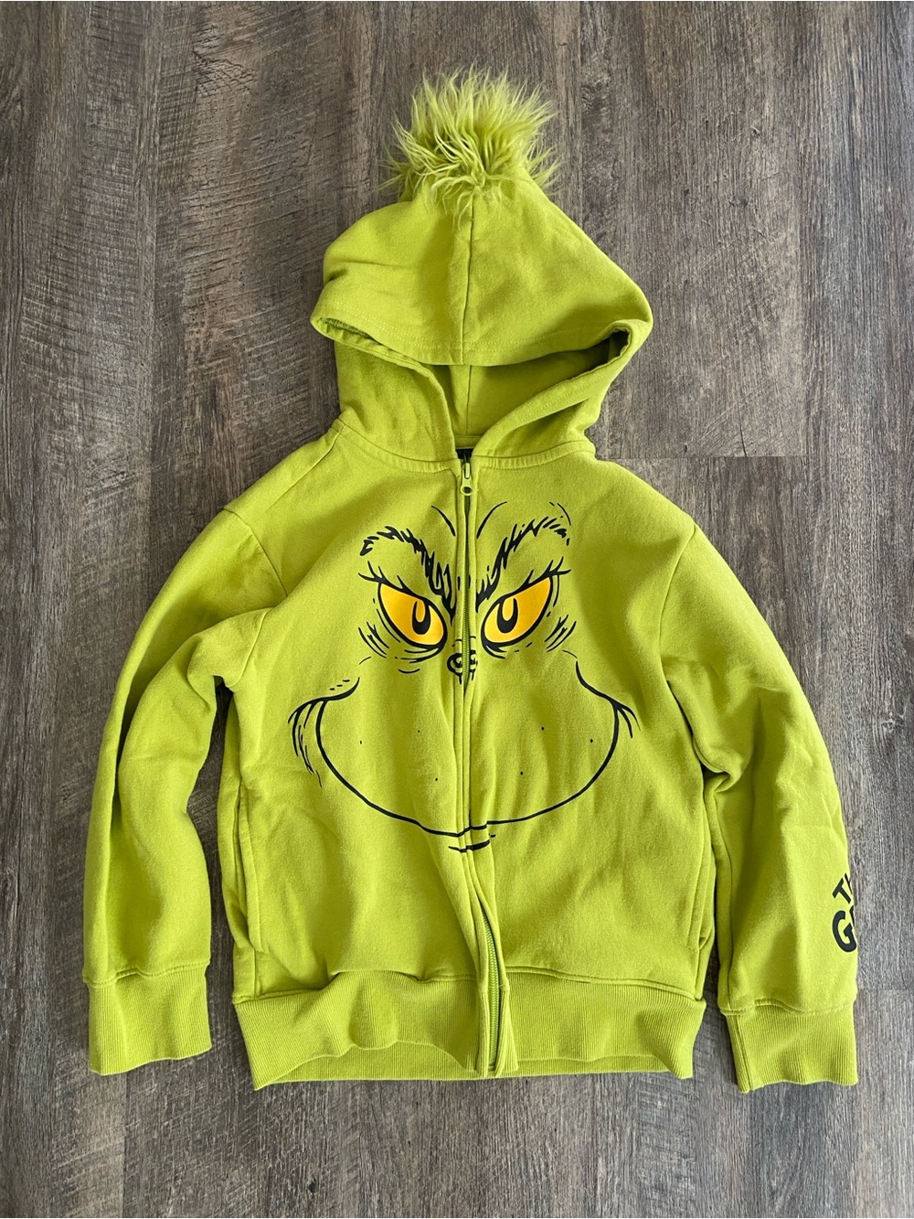 Kids Lime Green Grinch Zip-Up Hoodie with Pom Pom Hood